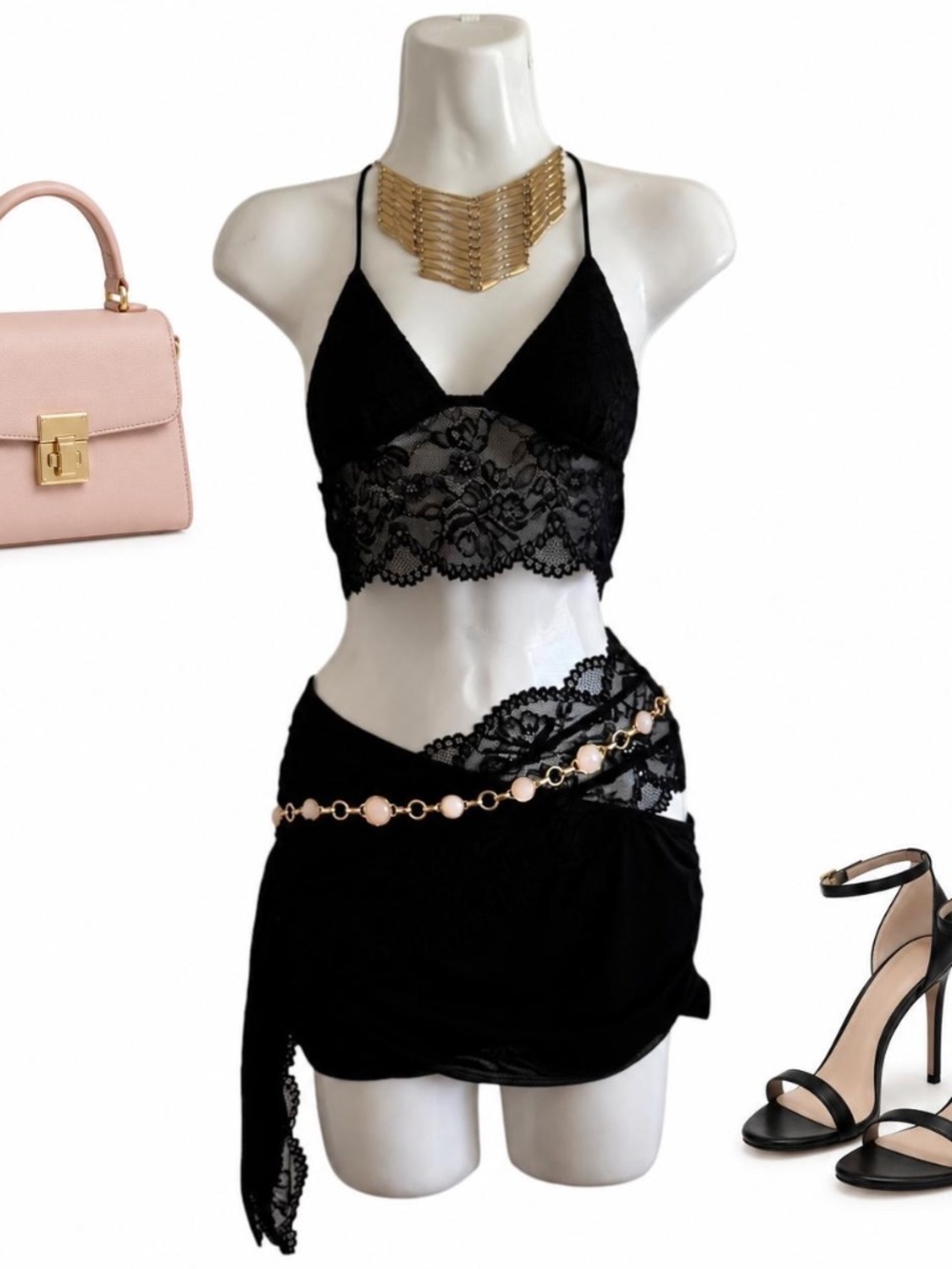 Fashion Nova Black Lace Two Piece Skirt Set Small NWT